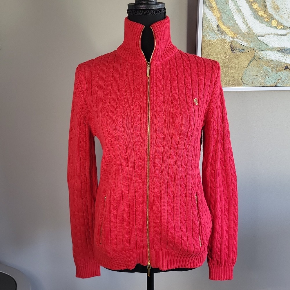 Lauren Ralph Lauren Womens Red Cable Knit Zip Long Sleeve Pockets Sweater Sz M